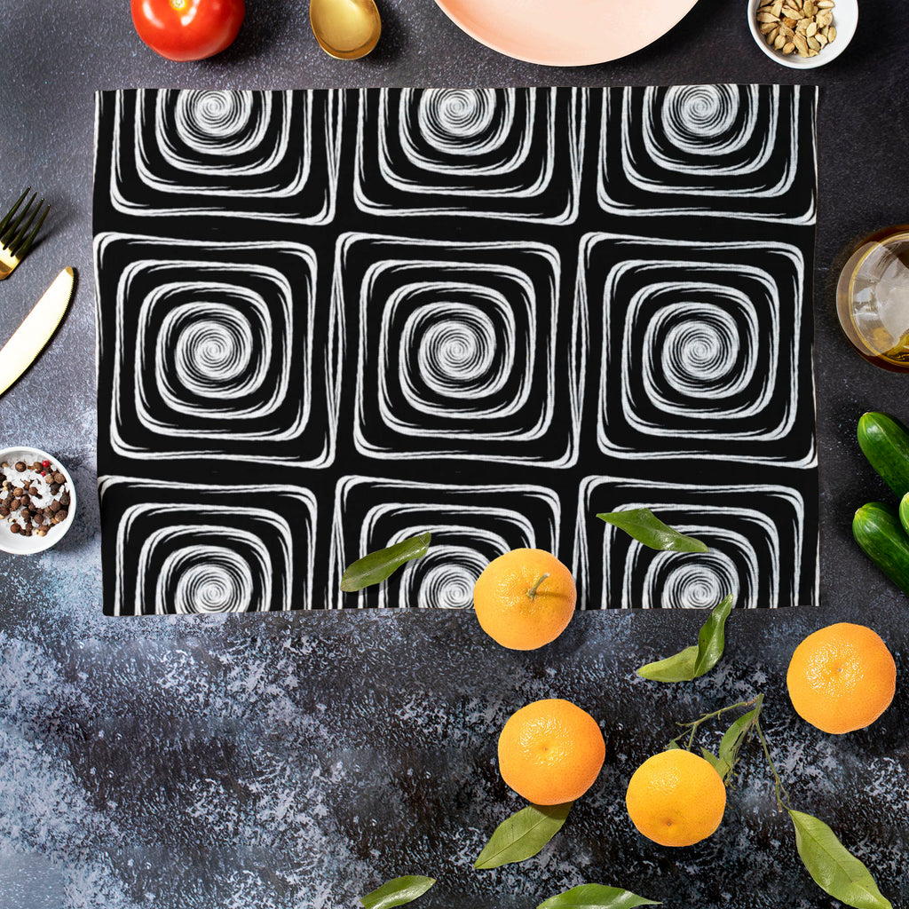 Monochrome Labyrinth Table Mat Placemat-Table Place Mats Fabric-MAT_TB-IC 5007600 IC 5007600, Abstract Expressionism, Abstracts, Art and Paintings, Black, Black and White, Circle, Digital, Digital Art, Geometric, Geometric Abstraction, Graphic, Illustrations, Modern Art, Patterns, Semi Abstract, Signs, Signs and Symbols, Stripes, White, monochrome, labyrinth, table, mat, placemat, abstract, abstraction, art, background, circular, creative, curve, design, distorted, distortion, dynamic, ellipse, endless, fut