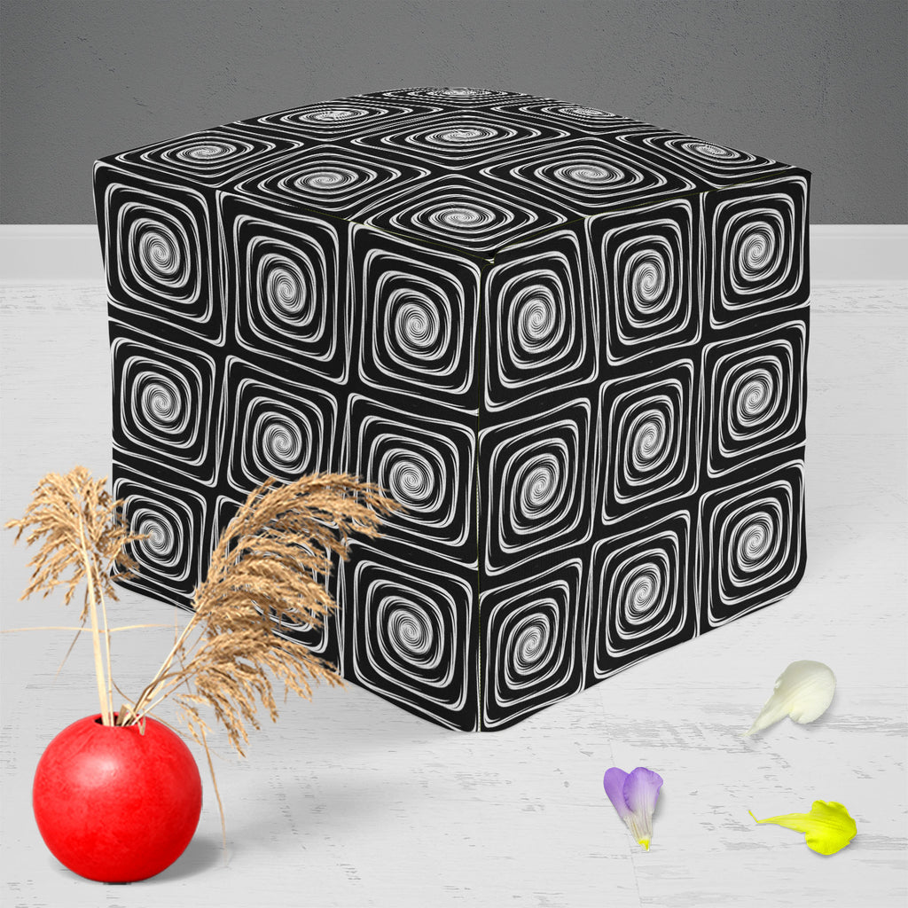 Monochrome Labyrinth Footstool Footrest Puffy Pouffe Ottoman Bean Bag | Canvas Fabric-Footstools-FST_CB_BN-IC 5007600 IC 5007600, Abstract Expressionism, Abstracts, Art and Paintings, Black, Black and White, Circle, Digital, Digital Art, Geometric, Geometric Abstraction, Graphic, Illustrations, Modern Art, Patterns, Semi Abstract, Signs, Signs and Symbols, Stripes, White, monochrome, labyrinth, footstool, footrest, puffy, pouffe, ottoman, bean, bag, canvas, fabric, abstract, abstraction, art, background, ci