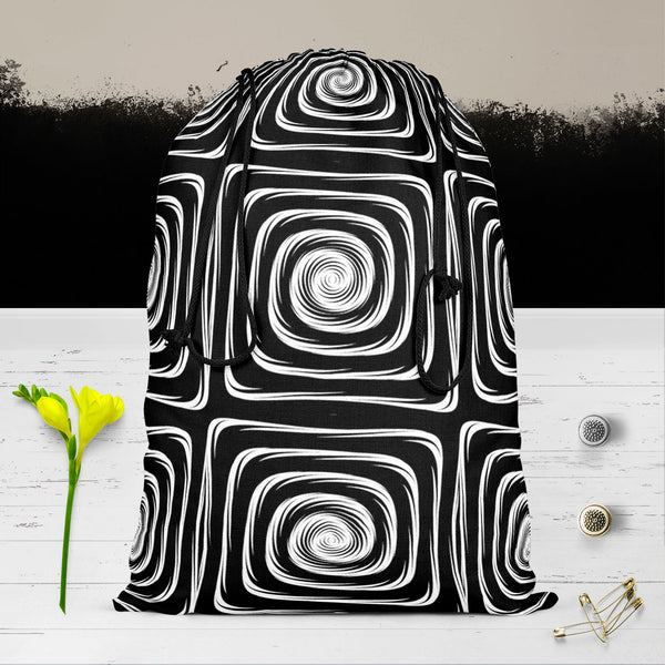 Monochrome Labyrinth Reusable Sack Bag | Bag for Gym, Storage, Vegetable & Travel-Drawstring Sack Bags-SCK_FB_DS-IC 5007600 IC 5007600, Abstract Expressionism, Abstracts, Art and Paintings, Black, Black and White, Circle, Digital, Digital Art, Geometric, Geometric Abstraction, Graphic, Illustrations, Modern Art, Patterns, Semi Abstract, Signs, Signs and Symbols, Stripes, White, monochrome, labyrinth, reusable, sack, bag, for, gym, storage, vegetable, travel, cotton, canvas, fabric, abstract, abstraction, ar