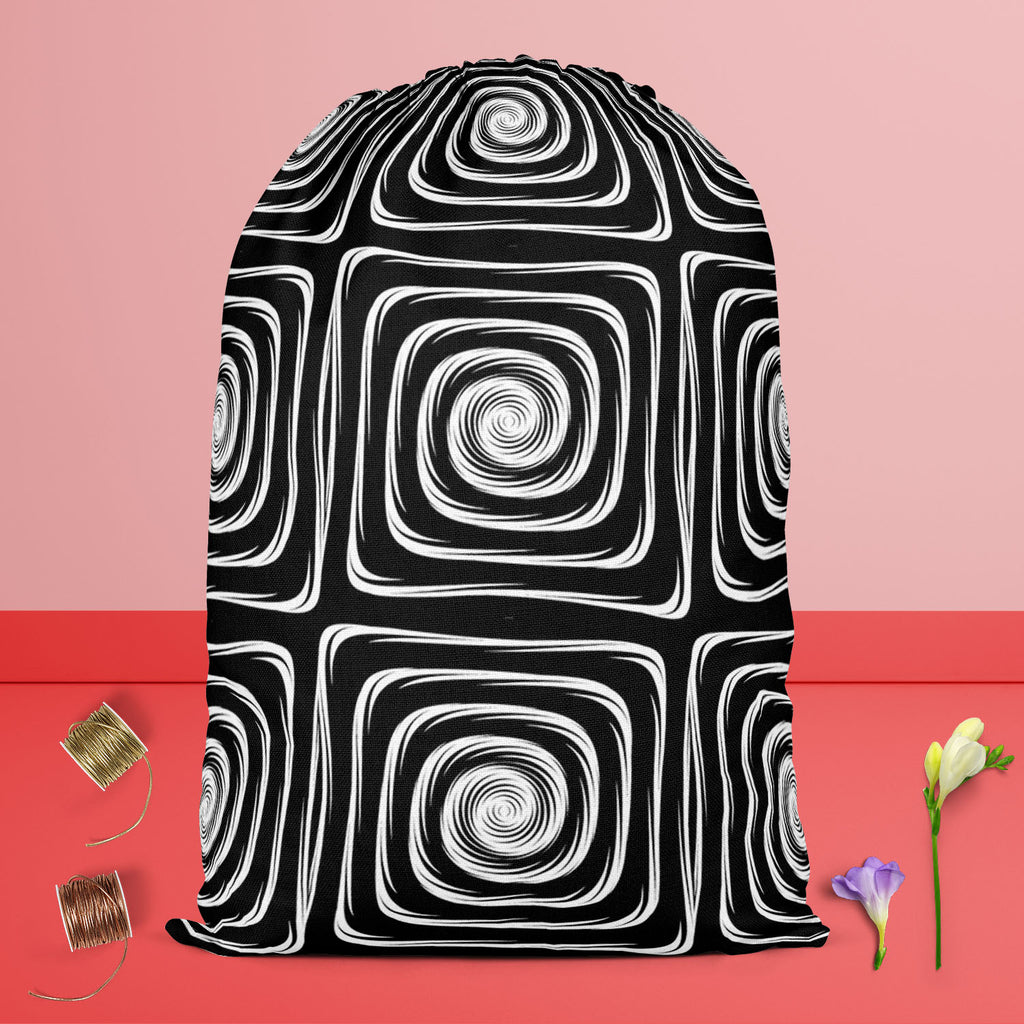 Monochrome Labyrinth Reusable Sack Bag | Bag for Gym, Storage, Vegetable & Travel-Drawstring Sack Bags-SCK_FB_DS-IC 5007600 IC 5007600, Abstract Expressionism, Abstracts, Art and Paintings, Black, Black and White, Circle, Digital, Digital Art, Geometric, Geometric Abstraction, Graphic, Illustrations, Modern Art, Patterns, Semi Abstract, Signs, Signs and Symbols, Stripes, White, monochrome, labyrinth, reusable, sack, bag, for, gym, storage, vegetable, travel, abstract, abstraction, art, background, circular,