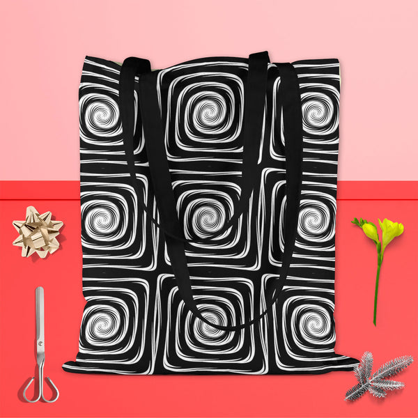 Monochrome Labyrinth Tote Bag Shoulder Purse | Multipurpose-Tote Bags Basic-TOT_FB_BS-IC 5007600 IC 5007600, Abstract Expressionism, Abstracts, Art and Paintings, Black, Black and White, Circle, Digital, Digital Art, Geometric, Geometric Abstraction, Graphic, Illustrations, Modern Art, Patterns, Semi Abstract, Signs, Signs and Symbols, Stripes, White, monochrome, labyrinth, tote, bag, shoulder, purse, cotton, canvas, fabric, multipurpose, abstract, abstraction, art, background, circular, creative, curve, de