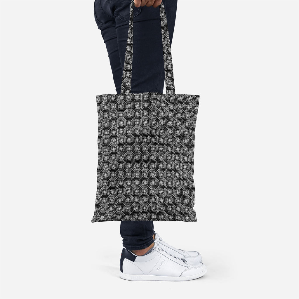 ArtzFolio Monochrome Labyrinth Tote Bag Shoulder Purse | Multipurpose-Tote Bags Basic-AZ5007600TOT_RF-IC 5007600 IC 5007600, Abstract Expressionism, Abstracts, Art and Paintings, Black, Black and White, Circle, Digital, Digital Art, Geometric, Geometric Abstraction, Graphic, Illustrations, Modern Art, Patterns, Semi Abstract, Signs, Signs and Symbols, Stripes, White, monochrome, labyrinth, tote, bag, shoulder, purse, multipurpose, abstract, abstraction, art, background, circular, creative, curve, design, di