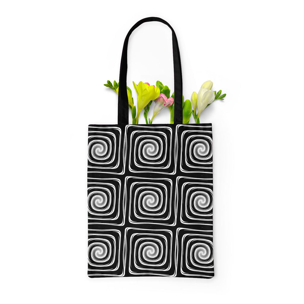Monochrome Labyrinth Tote Bag Shoulder Purse | Multipurpose-Tote Bags Basic-TOT_FB_BS-IC 5007600 IC 5007600, Abstract Expressionism, Abstracts, Art and Paintings, Black, Black and White, Circle, Digital, Digital Art, Geometric, Geometric Abstraction, Graphic, Illustrations, Modern Art, Patterns, Semi Abstract, Signs, Signs and Symbols, Stripes, White, monochrome, labyrinth, tote, bag, shoulder, purse, multipurpose, abstract, abstraction, art, background, circular, creative, curve, design, distorted, distort
