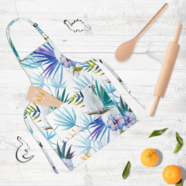 Tropic Parrot Apron | Adjustable, Free Size & Waist Tiebacks-Aprons Neck to Knee-APR_NK_KN-IC 5007602 IC 5007602, African, Animals, Birds, Black and White, Botanical, Drawing, Floral, Flowers, Illustrations, Nature, Patterns, Scenic, Signs, Signs and Symbols, Tropical, Watercolour, White, Wildlife, tropic, parrot, full-length, neck, to, knee, apron, poly-cotton, fabric, adjustable, buckle, waist, tiebacks, seamless, pattern, jungle, parrots, tropics, watercolor, leaves, africa, animal, background, beautiful