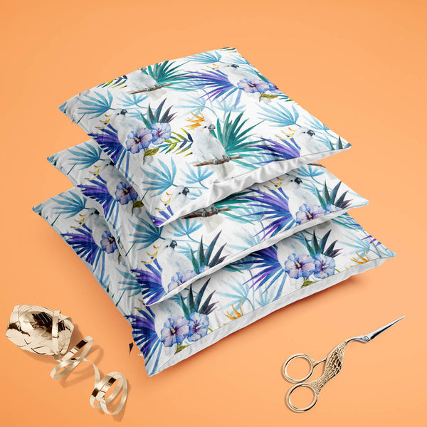 Tropic Parrot Cushion Cover Throw Pillow-Cushion Covers-CUS_CV-IC 5007602 IC 5007602, African, Animals, Birds, Black and White, Botanical, Drawing, Floral, Flowers, Illustrations, Nature, Patterns, Scenic, Signs, Signs and Symbols, Tropical, Watercolour, White, Wildlife, tropic, parrot, cushion, cover, throw, pillow, case, for, sofa, living, room, cotton, canvas, fabric, seamless, pattern, jungle, parrots, tropics, watercolor, leaves, africa, animal, background, beautiful, bird, blue, bright, design, exotic