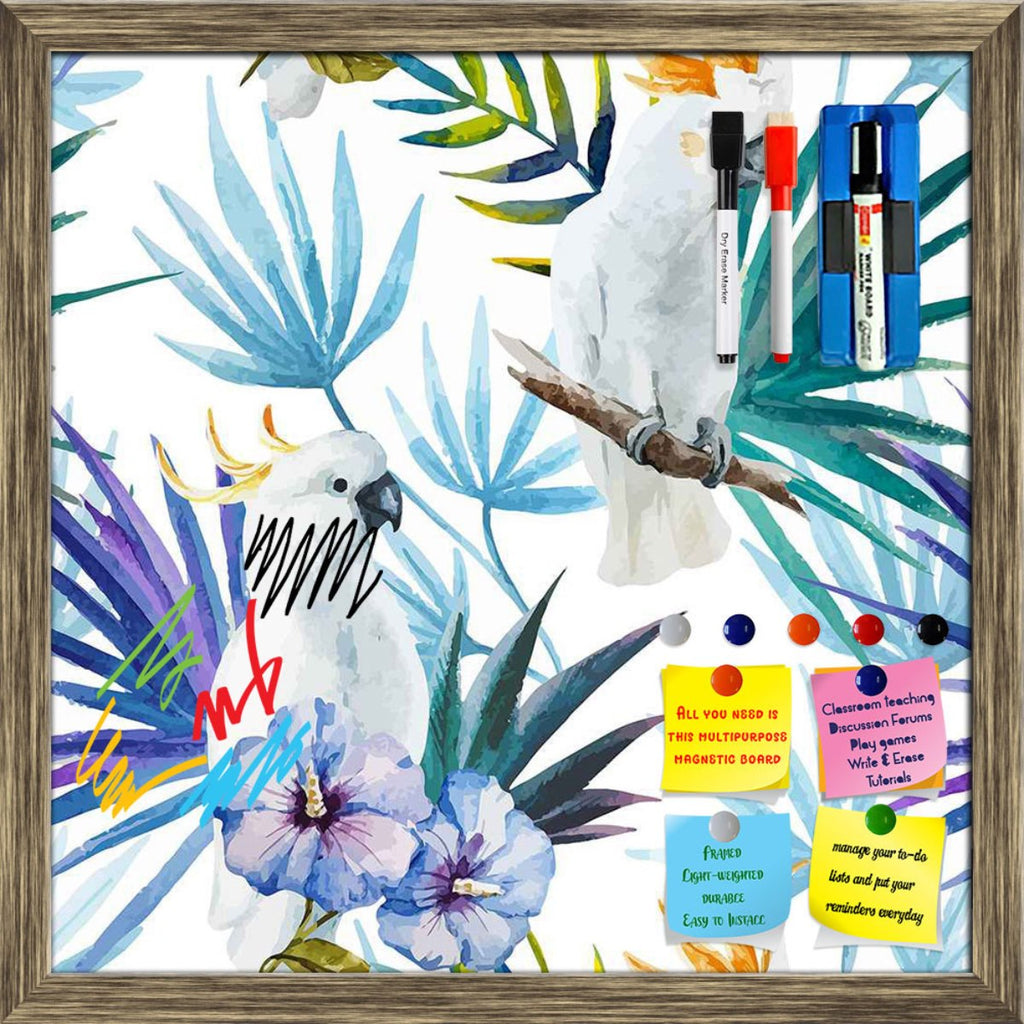 Tropic Parrot Framed Magnetic Dry Erase Board | Combo with Magnet Buttons & Markers-Magnetic Boards Framed-MGB_FR-IC 5007602 IC 5007602, African, Animals, Birds, Black and White, Botanical, Drawing, Floral, Flowers, Illustrations, Nature, Patterns, Scenic, Signs, Signs and Symbols, Tropical, Watercolour, White, Wildlife, tropic, parrot, framed, magnetic, dry, erase, board, printed, whiteboard, with, 4, magnets, 2, markers, 1, duster, seamless, pattern, jungle, parrots, tropics, watercolor, leaves, africa, a