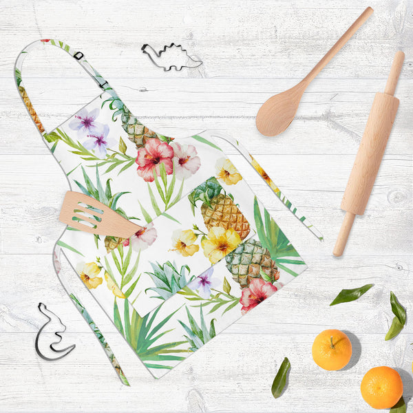 Pineapples & Hibiscus Apron | Adjustable, Free Size & Waist Tiebacks-Aprons Neck to Knee-APR_NK_KN-IC 5007603 IC 5007603, Abstract Expressionism, Abstracts, Art and Paintings, Botanical, Digital, Digital Art, Floral, Flowers, Fruit and Vegetable, Fruits, Graphic, Hawaiian, Holidays, Illustrations, Nature, Patterns, Scenic, Semi Abstract, Signs, Signs and Symbols, Tropical, Watercolour, pineapples, hibiscus, full-length, neck, to, knee, apron, poly-cotton, fabric, adjustable, buckle, waist, tiebacks, pineapp