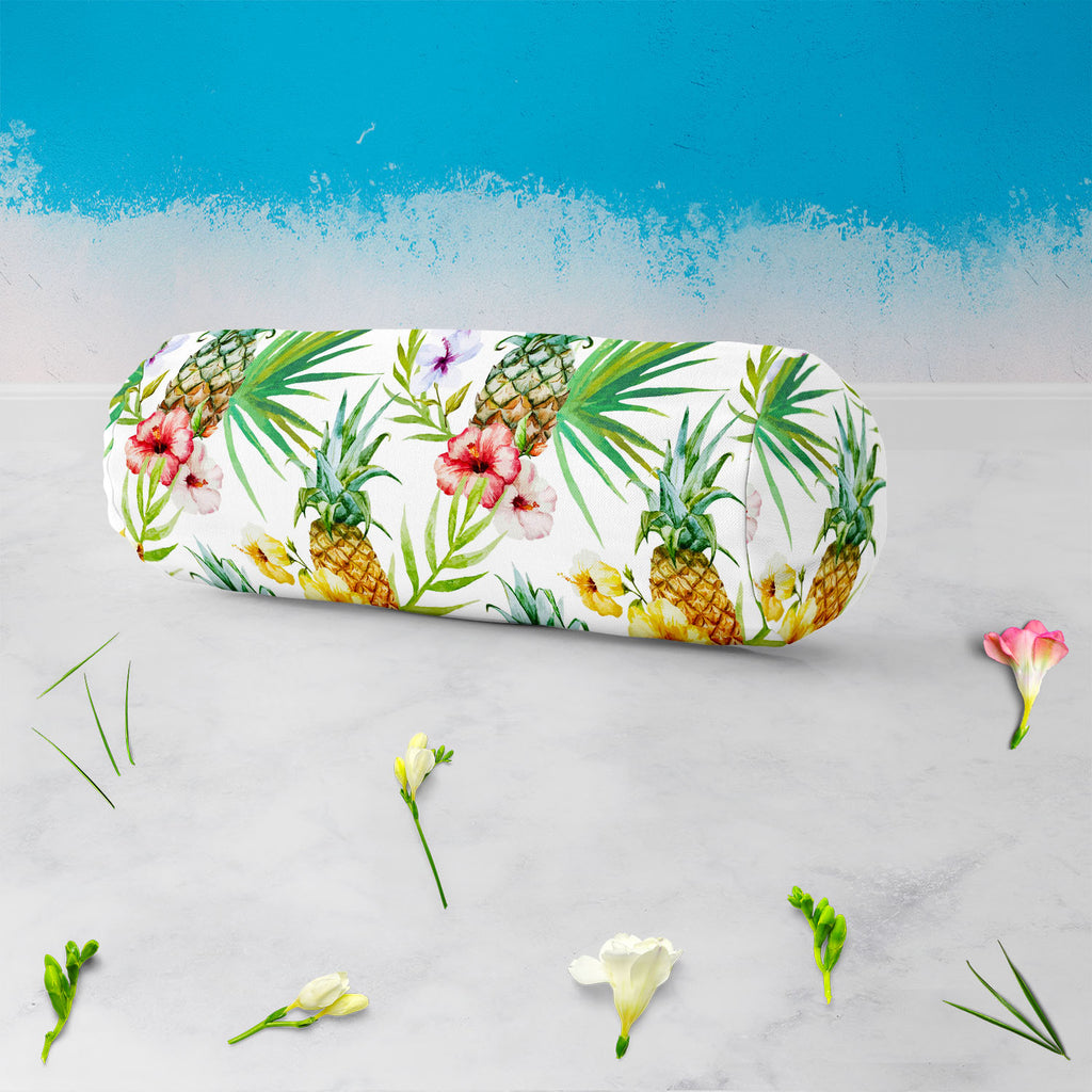 Pineapples & Hibiscus Bolster Cover Booster Cases | Concealed Zipper Opening-Bolster Covers-BOL_CV_ZP-IC 5007603 IC 5007603, Abstract Expressionism, Abstracts, Art and Paintings, Botanical, Digital, Digital Art, Floral, Flowers, Fruit and Vegetable, Fruits, Graphic, Hawaiian, Holidays, Illustrations, Nature, Patterns, Scenic, Semi Abstract, Signs, Signs and Symbols, Tropical, Watercolour, pineapples, hibiscus, bolster, cover, booster, cases, concealed, zipper, opening, pineapple, pattern, background, waterc