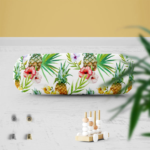 Pineapples & Hibiscus Bolster Cover Booster Cases | Concealed Zipper Opening-Bolster Covers-BOL_CV_ZP-IC 5007603 IC 5007603, Abstract Expressionism, Abstracts, Art and Paintings, Botanical, Digital, Digital Art, Floral, Flowers, Fruit and Vegetable, Fruits, Graphic, Hawaiian, Holidays, Illustrations, Nature, Patterns, Scenic, Semi Abstract, Signs, Signs and Symbols, Tropical, Watercolour, pineapples, hibiscus, bolster, cover, booster, cases, zipper, opening, poly, cotton, fabric, pineapple, pattern, backgro