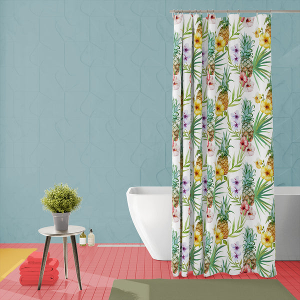 Pineapples & Hibiscus Washable Waterproof Shower Curtain-Shower Curtains-CUR_SH-IC 5007603 IC 5007603, Abstract Expressionism, Abstracts, Art and Paintings, Botanical, Digital, Digital Art, Floral, Flowers, Fruit and Vegetable, Fruits, Graphic, Hawaiian, Holidays, Illustrations, Nature, Patterns, Scenic, Semi Abstract, Signs, Signs and Symbols, Tropical, Watercolour, pineapples, hibiscus, washable, waterproof, polyester, shower, curtain, eyelets, pineapple, pattern, background, watercolor, hawaii, fruit, al