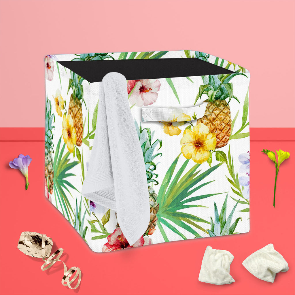 Pineapples & Hibiscus Foldable Open Storage Bin | Organizer Box, Toy Basket, Shelf Box, Laundry Bag | Canvas Fabric-Storage Bins-STR_BI_CB-IC 5007603 IC 5007603, Abstract Expressionism, Abstracts, Art and Paintings, Botanical, Digital, Digital Art, Floral, Flowers, Fruit and Vegetable, Fruits, Graphic, Hawaiian, Holidays, Illustrations, Nature, Patterns, Scenic, Semi Abstract, Signs, Signs and Symbols, Tropical, Watercolour, pineapples, hibiscus, foldable, open, storage, bin, organizer, box, toy, basket, sh