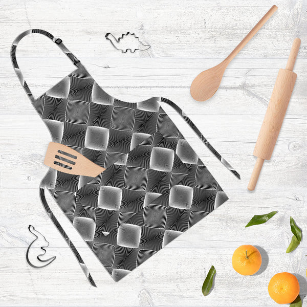 Monochrome Diamond D3 Apron | Adjustable, Free Size & Waist Tiebacks-Aprons Neck to Knee-APR_NK_KN-IC 5007607 IC 5007607, Abstract Expressionism, Abstracts, Art and Paintings, Black, Black and White, Circle, Diamond, Digital, Digital Art, Geometric, Geometric Abstraction, Graphic, Grid Art, Illustrations, Modern Art, Patterns, Semi Abstract, Signs, Signs and Symbols, Stripes, White, monochrome, d3, full-length, neck, to, knee, apron, poly-cotton, fabric, adjustable, buckle, waist, tiebacks, abstract, abstra