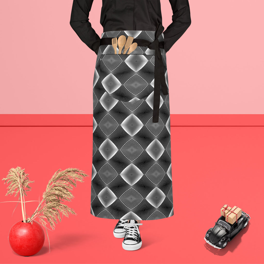 Monochrome Diamond D3 Apron | Adjustable, Free Size & Waist Tiebacks-Aprons Waist to Feet-APR_WS_FT-IC 5007607 IC 5007607, Abstract Expressionism, Abstracts, Art and Paintings, Black, Black and White, Circle, Diamond, Digital, Digital Art, Geometric, Geometric Abstraction, Graphic, Grid Art, Illustrations, Modern Art, Patterns, Semi Abstract, Signs, Signs and Symbols, Stripes, White, monochrome, d3, apron, adjustable, free, size, waist, tiebacks, abstract, abstraction, art, background, circular, curve, desi