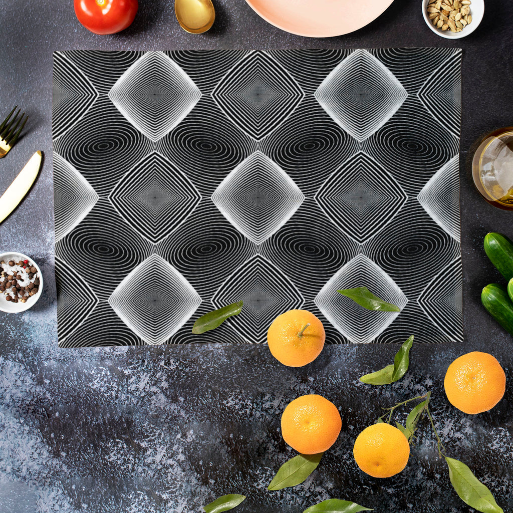 Monochrome Diamond D3 Table Mat Placemat-Table Place Mats Fabric-MAT_TB-IC 5007607 IC 5007607, Abstract Expressionism, Abstracts, Art and Paintings, Black, Black and White, Circle, Diamond, Digital, Digital Art, Geometric, Geometric Abstraction, Graphic, Grid Art, Illustrations, Modern Art, Patterns, Semi Abstract, Signs, Signs and Symbols, Stripes, White, monochrome, d3, table, mat, placemat, abstract, abstraction, art, background, circular, curve, design, diagonal, ellipse, endless, futuristic, geometrica