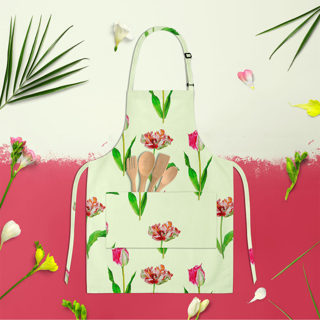 Tulips Apron | Adjustable, Free Size & Waist Tiebacks-Aprons Neck to Knee-APR_NK_KN-IC 5007608 IC 5007608, Black and White, Botanical, Drawing, Floral, Flowers, Illustrations, Nature, Patterns, Watercolour, White, tulips, apron, adjustable, free, size, waist, tiebacks, beautiful, blossom, bouquet, card, decoration, flower, garden, green, greeting, hand, painted, illustration, lawn, leaf, mothers, day, pink, plant, red, seamless, pattern, spring, tulip, watercolor, artzfolio, kitchen apron, white apron, kids