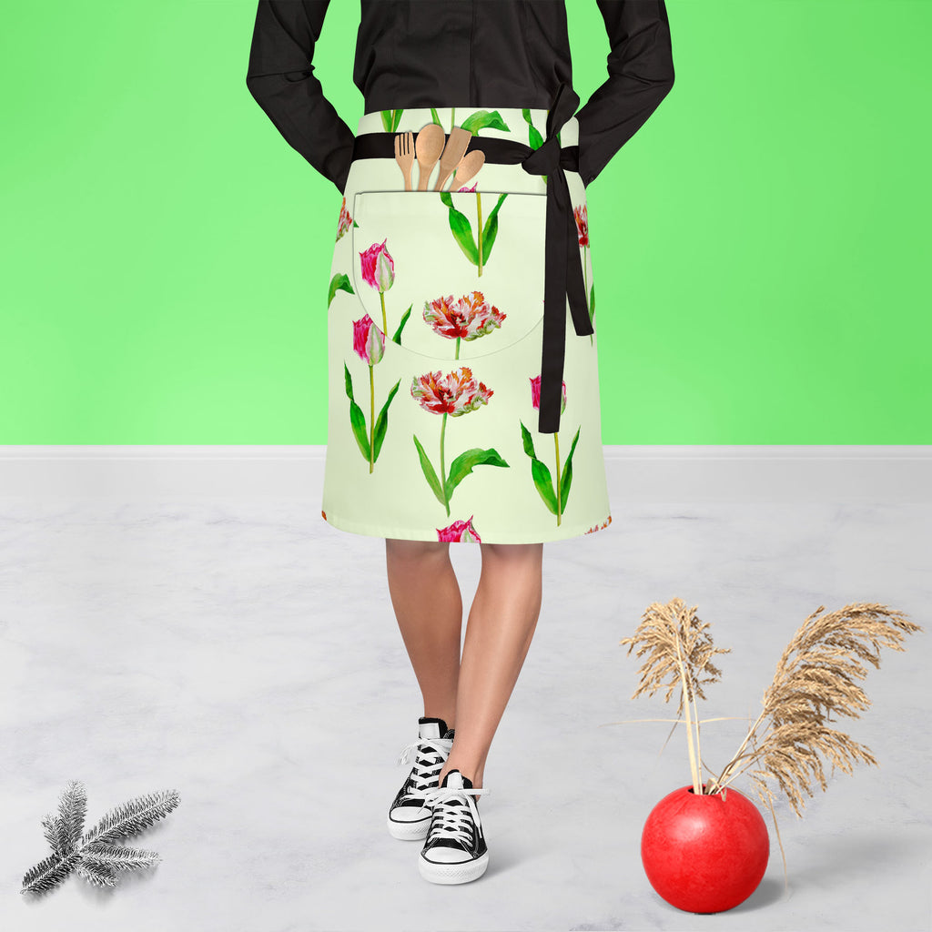 Tulips Apron | Adjustable, Free Size & Waist Tiebacks-Apron Waist to Knee-APR_WS_KN-IC 5007608 IC 5007608, Black and White, Botanical, Drawing, Floral, Flowers, Illustrations, Nature, Patterns, Watercolour, White, tulips, apron, adjustable, free, size, waist, tiebacks, beautiful, blossom, bouquet, card, decoration, flower, garden, green, greeting, hand, painted, illustration, lawn, leaf, mothers, day, pink, plant, red, seamless, pattern, spring, tulip, watercolor, artzfolio, kitchen apron, white apron, kids