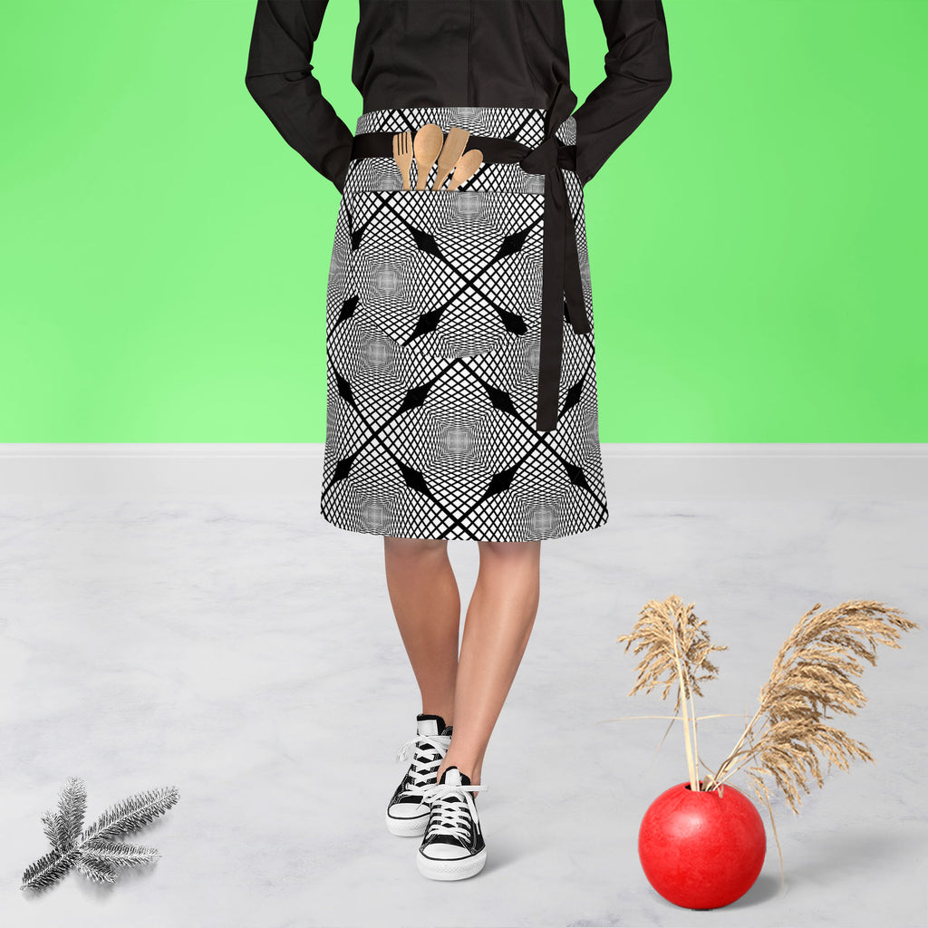 Monochrome Geometric D1 Apron | Adjustable, Free Size & Waist Tiebacks-Apron Waist to Knee-APR_WS_KN-IC 5007623 IC 5007623, Abstract Expressionism, Abstracts, Art and Paintings, Black, Black and White, Check, Diamond, Digital, Digital Art, Geometric, Geometric Abstraction, Graphic, Grid Art, Illustrations, Modern Art, Patterns, Semi Abstract, Signs, Signs and Symbols, Stripes, White, monochrome, d1, apron, adjustable, free, size, waist, tiebacks, abstract, abstraction, art, background, checker, curve, desig