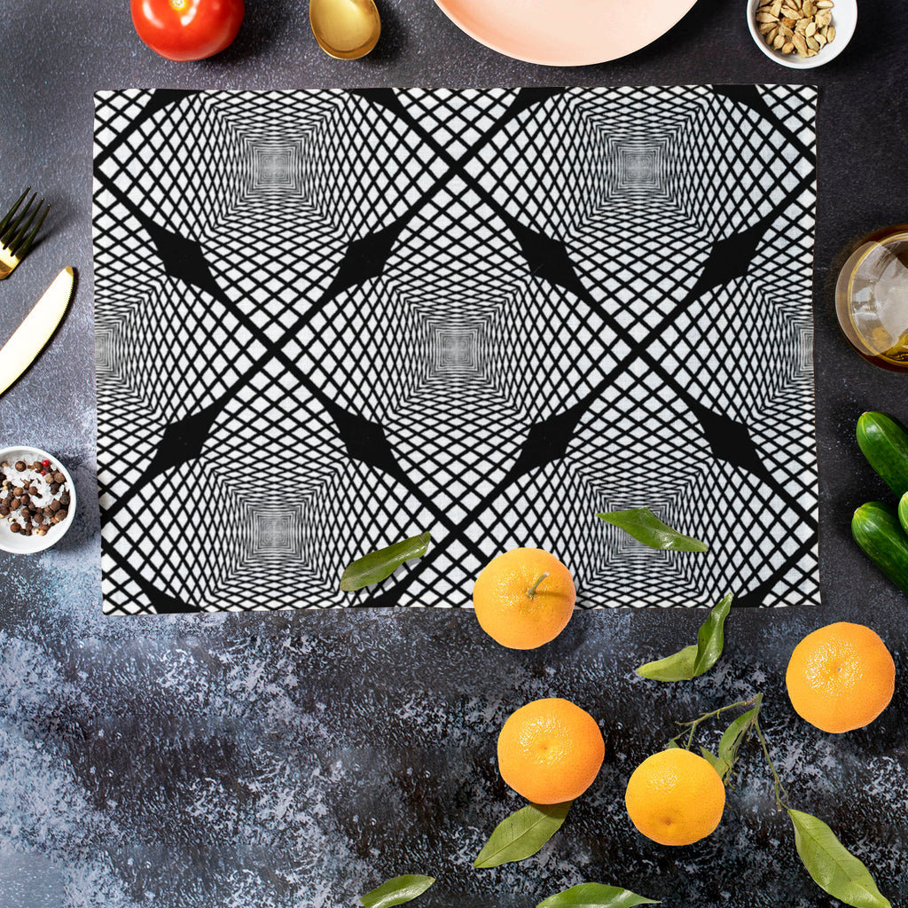 Monochrome Geometric D1 Table Mat Placemat-Table Place Mats Fabric-MAT_TB-IC 5007623 IC 5007623, Abstract Expressionism, Abstracts, Art and Paintings, Black, Black and White, Check, Diamond, Digital, Digital Art, Geometric, Geometric Abstraction, Graphic, Grid Art, Illustrations, Modern Art, Patterns, Semi Abstract, Signs, Signs and Symbols, Stripes, White, monochrome, d1, table, mat, placemat, abstract, abstraction, art, background, checker, curve, design, diagonal, endless, futuristic, geometrical, grid, 