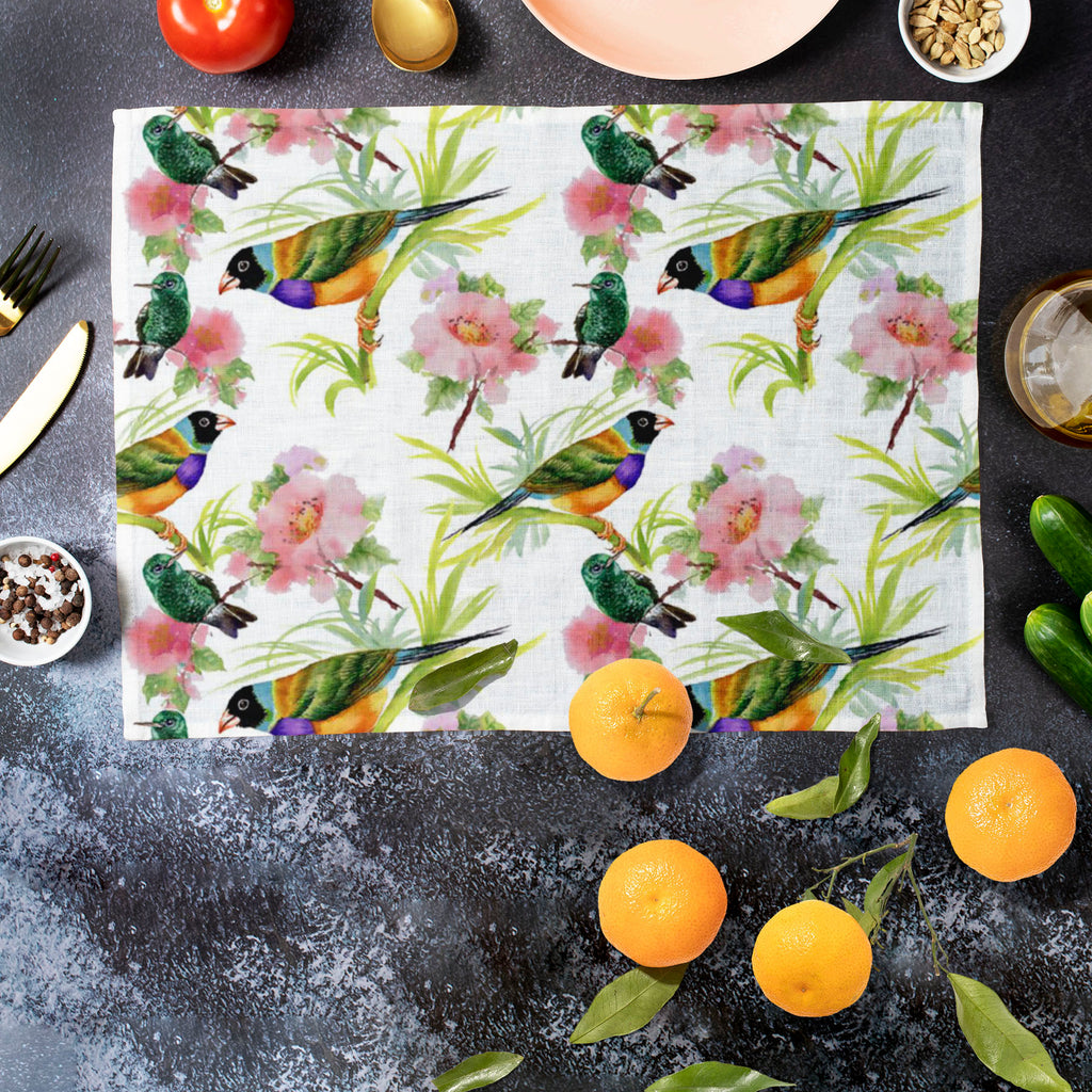 Tropical Beauty Table Mat Placemat-Table Place Mats Fabric-MAT_TB-IC 5007638 IC 5007638, Animals, Art and Paintings, Birds, Black and White, Botanical, Drawing, Floral, Flowers, Illustrations, Nature, Paintings, Patterns, Retro, Scenic, Signs, Signs and Symbols, Tropical, Watercolour, White, beauty, table, mat, placemat, art, artistic, background, beautiful, branches, brown, colorful, colors, decor, decoration, design, drawn, elegance, elements, exotic, feathers, green, hand, illustration, image, leaves, or
