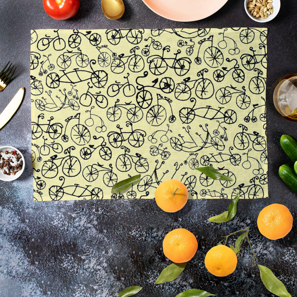 Hand Painted Bikes Table Mat Placemat-Table Place Mats Fabric-MAT_TB-IC 5007642 IC 5007642, Ancient, Art Nouveau, Automobiles, Bikes, Historical, Illustrations, Medieval, Patterns, Retro, Sketches, Sports, Transportation, Travel, Vehicles, Vintage, hand, painted, table, mat, placemat, art, nouveau, bicycle, illustration, pattern, penny, farthing, seamless, sketch, texture, transport, wheel, artzfolio, table mats for dining table, table mat, table mats, placemats, placemats set of 6, dinning table mat, table