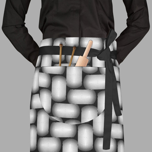 Monochrome Geometric D2 Apron | Adjustable, Free Size & Waist Tiebacks-Aprons Waist to Feet-APR_WS_FT-IC 5007647 IC 5007647, Abstract Expressionism, Abstracts, Art and Paintings, Black, Black and White, Circle, Digital, Digital Art, Geometric, Geometric Abstraction, Graphic, Illustrations, Modern Art, Patterns, Semi Abstract, Signs, Signs and Symbols, Stripes, White, monochrome, d2, full-length, waist, to, feet, apron, poly-cotton, fabric, adjustable, tiebacks, abstract, abstraction, art, background, circul