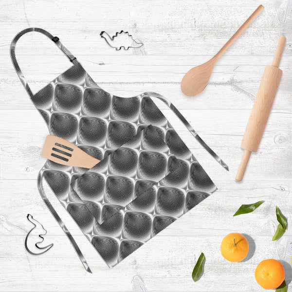 Monochrome Cone Illusion Apron | Adjustable, Free Size & Waist Tiebacks-Aprons Neck to Knee-APR_NK_KN-IC 5007653 IC 5007653, Abstract Expressionism, Abstracts, Art and Paintings, Black, Black and White, Circle, Digital, Digital Art, Eygptian, Geometric, Geometric Abstraction, Graphic, Grid Art, Illustrations, Modern Art, Patterns, Semi Abstract, Signs, Signs and Symbols, Stripes, White, monochrome, cone, illusion, full-length, neck, to, knee, apron, poly-cotton, fabric, adjustable, buckle, waist, tiebacks, 