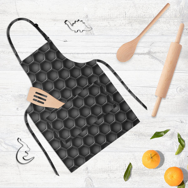 Hexagons Apron | Adjustable, Free Size & Waist Tiebacks-Aprons Neck to Knee-APR_NK_KN-IC 5007660 IC 5007660, Abstract Expressionism, Abstracts, Black, Black and White, Digital, Digital Art, Geometric, Geometric Abstraction, Graphic, Grid Art, Hexagon, Honeycomb, Illustrations, Modern Art, Patterns, Semi Abstract, Signs, Signs and Symbols, Metallic, hexagons, full-length, neck, to, knee, apron, poly-cotton, fabric, adjustable, buckle, waist, tiebacks, metal, carbon, texture, background, pattern, metals, abst