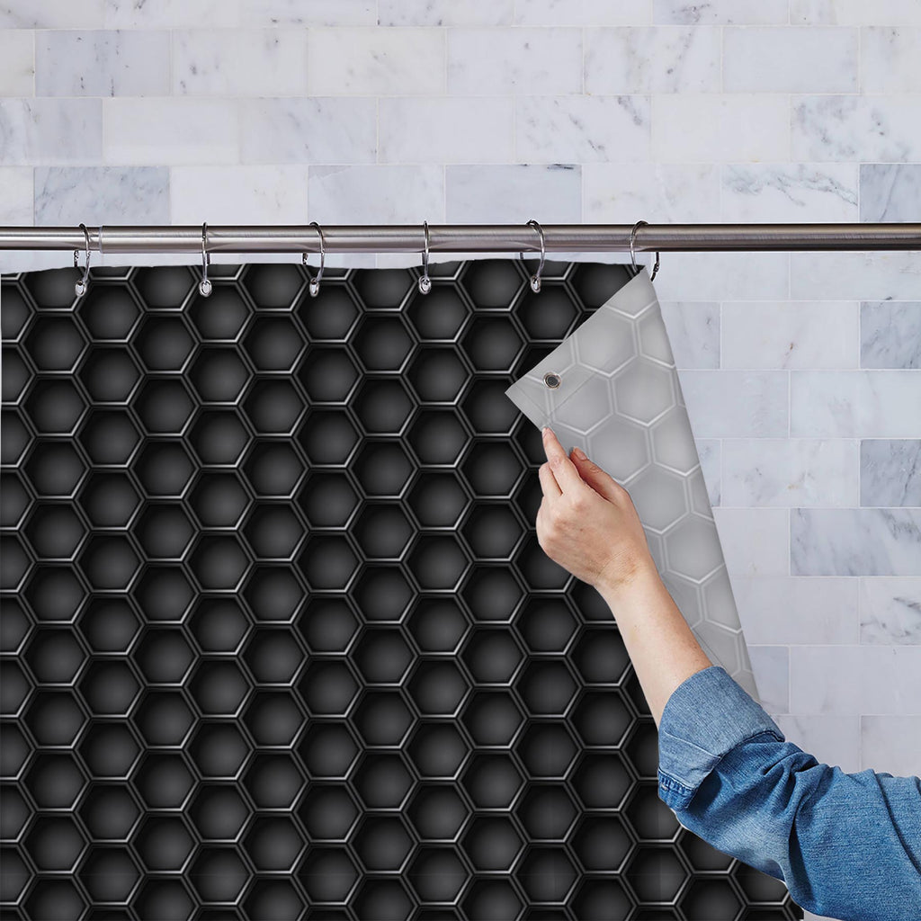 Hexagons Washable Waterproof Shower Curtain-Shower Curtains-CUR_SH-IC 5007660 IC 5007660, Abstract Expressionism, Abstracts, Black, Black and White, Digital, Digital Art, Geometric, Geometric Abstraction, Graphic, Grid Art, Hexagon, Honeycomb, Illustrations, Modern Art, Patterns, Semi Abstract, Signs, Signs and Symbols, Metallic, hexagons, washable, waterproof, shower, curtain, metal, carbon, texture, background, pattern, metals, abstract, backdrop, chrome, closeup, concept, dark, decor, design, futuristic,