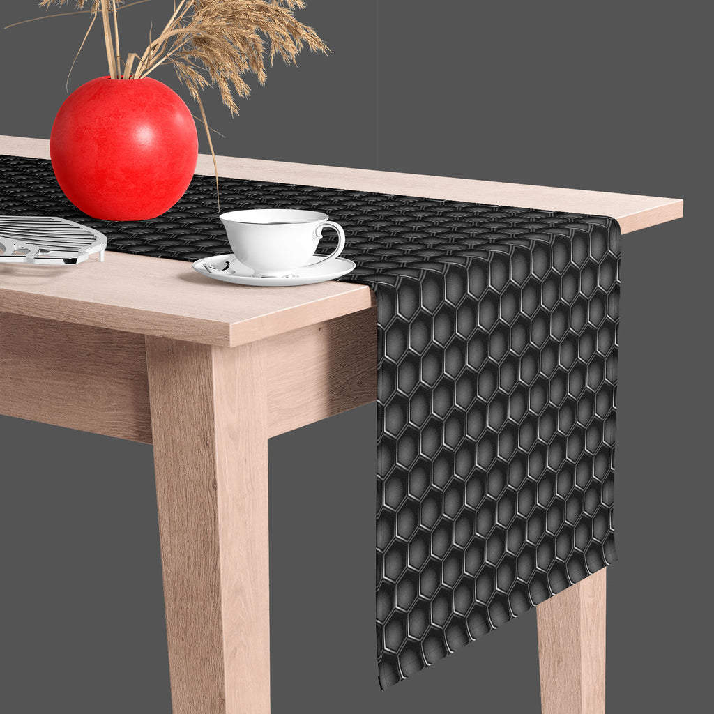 Hexagons Table Runner-Table Runners-RUN_TB-IC 5007660 IC 5007660, Abstract Expressionism, Abstracts, Black, Black and White, Digital, Digital Art, Geometric, Geometric Abstraction, Graphic, Grid Art, Hexagon, Honeycomb, Illustrations, Modern Art, Patterns, Semi Abstract, Signs, Signs and Symbols, Metallic, hexagons, table, runner, metal, carbon, texture, background, pattern, metals, abstract, backdrop, chrome, closeup, concept, dark, decor, design, futuristic, gradient, gray, grey, grid, hole, illustration,