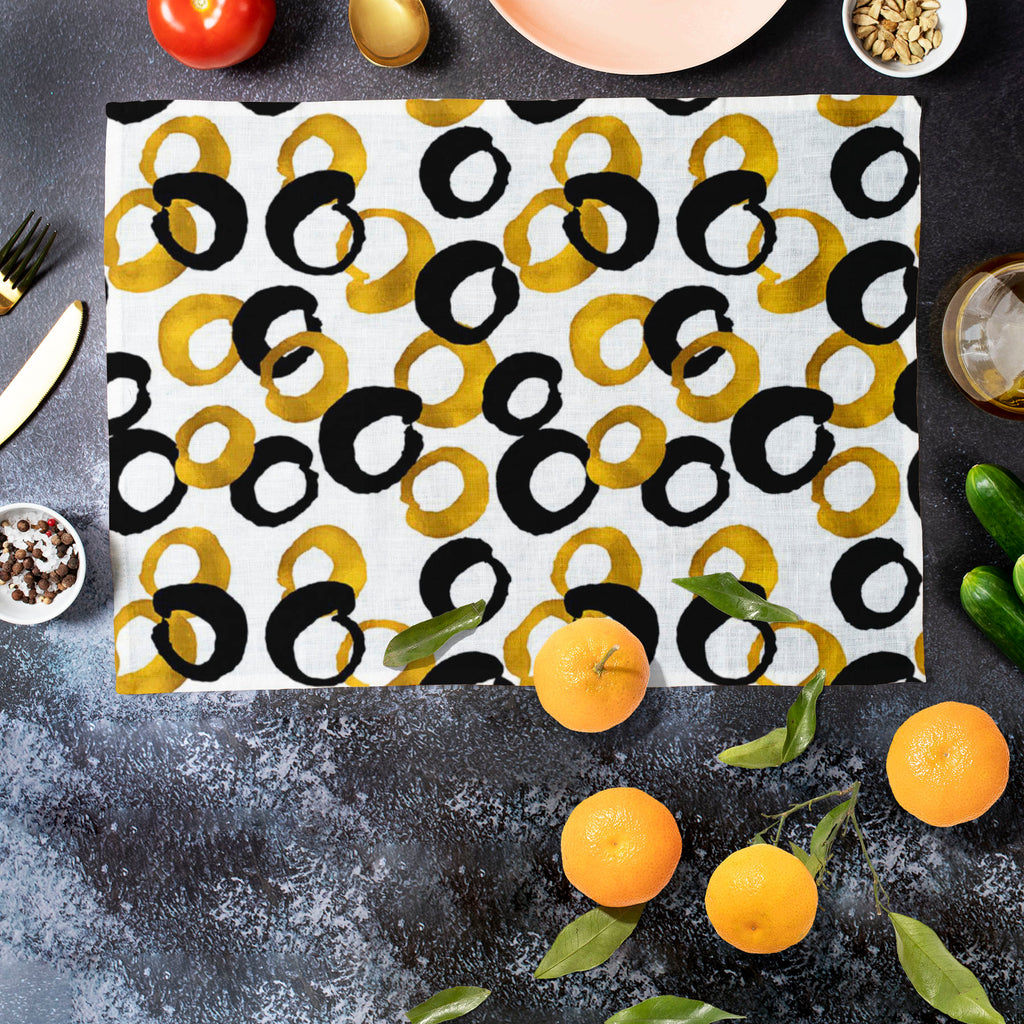 Gold & Black Drawing Table Mat Placemat-Table Place Mats Fabric-MAT_TB-IC 5007661 IC 5007661, Abstract Expressionism, Abstracts, Ancient, Art and Paintings, Black, Black and White, Circle, Digital, Digital Art, Drawing, Fashion, Geometric, Geometric Abstraction, Graphic, Historical, Illustrations, Medieval, Modern Art, Patterns, Semi Abstract, Signs, Signs and Symbols, Sketches, Splatter, Vintage, Watercolour, gold, table, mat, placemat, abstract, art, artistic, backdrop, background, blog, brush, creative, 