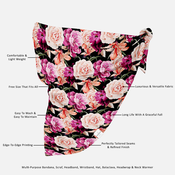 Roses Printed Bandana | Headband Headwear Wristband Balaclava | Unisex | Soft Poly Fabric-Bandanas--IC 5007666 IC 5007666, Abstract Expressionism, Abstracts, Ancient, Art and Paintings, Black and White, Botanical, Fashion, Floral, Flowers, Historical, Illustrations, Medieval, Nature, Paintings, Patterns, Scenic, Semi Abstract, Signs, Signs and Symbols, Vintage, Watercolour, White, roses, printed, bandana, headband, headwear, wristband, balaclava, unisex, soft, poly, fabric, rose, pattern, peony, seamless, a