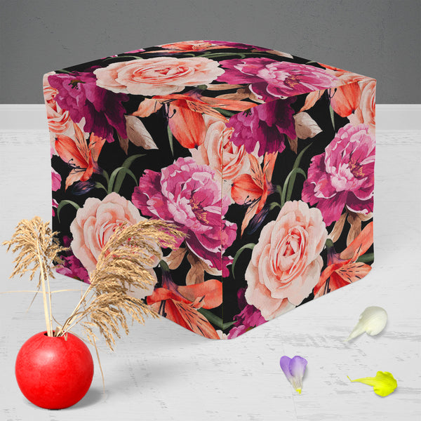 Roses D1 Footstool Footrest Puffy Pouffe Ottoman Bean Bag | Canvas Fabric-Footstools-FST_CB_BN-IC 5007666 IC 5007666, Abstract Expressionism, Abstracts, Ancient, Art and Paintings, Black and White, Botanical, Fashion, Floral, Flowers, Historical, Illustrations, Medieval, Nature, Paintings, Patterns, Scenic, Semi Abstract, Signs, Signs and Symbols, Vintage, Watercolour, White, roses, d1, puffy, pouffe, ottoman, footstool, footrest, bean, bag, canvas, fabric, rose, pattern, peony, seamless, abstract, watercol