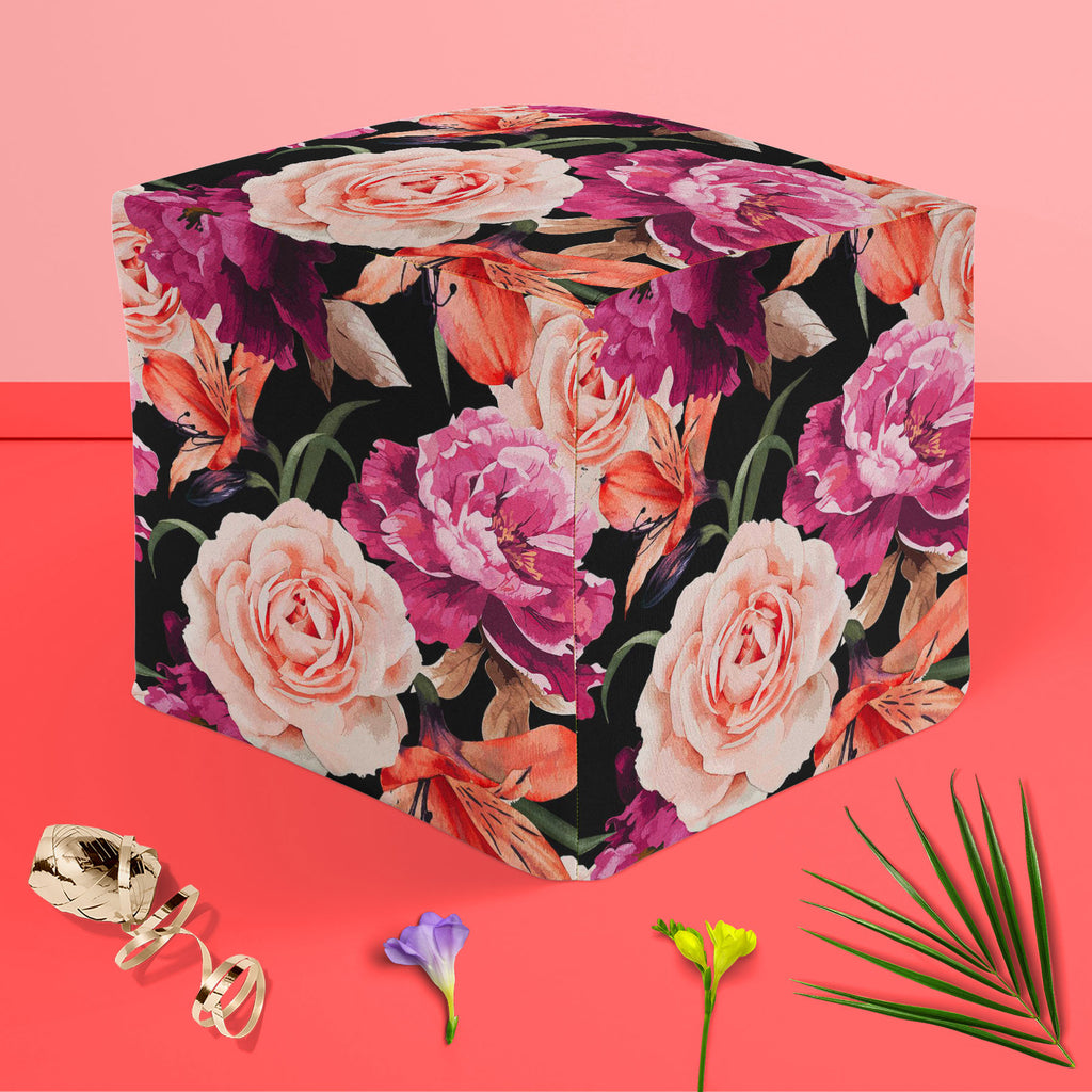 Roses D1 Footstool Footrest Puffy Pouffe Ottoman Bean Bag | Canvas Fabric-Footstools-FST_CB_BN-IC 5007666 IC 5007666, Abstract Expressionism, Abstracts, Ancient, Art and Paintings, Black and White, Botanical, Fashion, Floral, Flowers, Historical, Illustrations, Medieval, Nature, Paintings, Patterns, Scenic, Semi Abstract, Signs, Signs and Symbols, Vintage, Watercolour, White, roses, d1, footstool, footrest, puffy, pouffe, ottoman, bean, bag, canvas, fabric, rose, pattern, peony, seamless, abstract, watercol