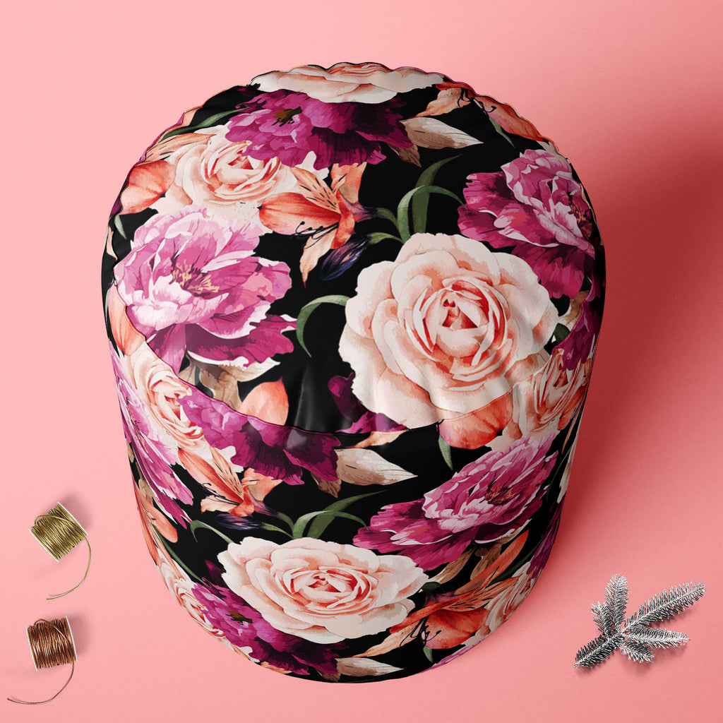 Roses D1 Footstool Footrest Puffy Pouffe Ottoman Bean Bag | Canvas Fabric-Footstools-FST_CB_BN-IC 5007666 IC 5007666, Abstract Expressionism, Abstracts, Ancient, Art and Paintings, Black and White, Botanical, Fashion, Floral, Flowers, Historical, Illustrations, Medieval, Nature, Paintings, Patterns, Scenic, Semi Abstract, Signs, Signs and Symbols, Vintage, Watercolour, White, roses, d1, footstool, footrest, puffy, pouffe, ottoman, bean, bag, canvas, fabric, rose, pattern, peony, seamless, abstract, watercol