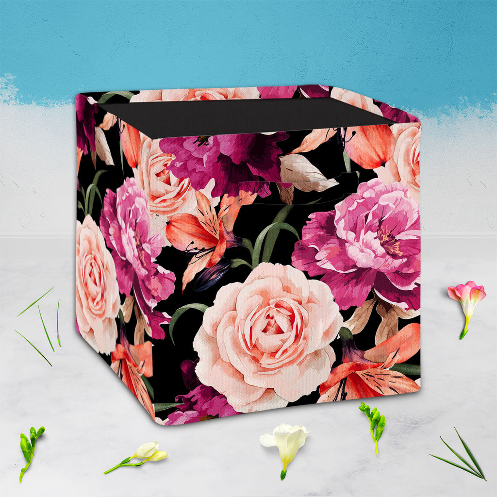 Roses D1 Foldable Open Storage Bin | Organizer Box, Toy Basket, Shelf Box, Laundry Bag | Canvas Fabric-Storage Bins-STR_BI_CB-IC 5007666 IC 5007666, Abstract Expressionism, Abstracts, Ancient, Art and Paintings, Black and White, Botanical, Fashion, Floral, Flowers, Historical, Illustrations, Medieval, Nature, Paintings, Patterns, Scenic, Semi Abstract, Signs, Signs and Symbols, Vintage, Watercolour, White, roses, d1, foldable, open, storage, bin, organizer, box, toy, basket, shelf, laundry, bag, canvas, fab