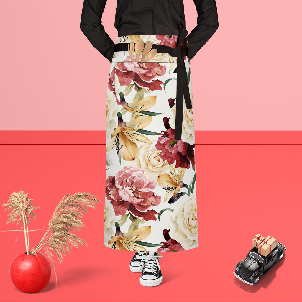 Roses D2 Apron | Adjustable, Free Size & Waist Tiebacks-Aprons Waist to Feet-APR_WS_FT-IC 5007667 IC 5007667, Abstract Expressionism, Abstracts, Ancient, Art and Paintings, Black and White, Botanical, Fashion, Floral, Flowers, Historical, Illustrations, Medieval, Nature, Paintings, Patterns, Scenic, Semi Abstract, Signs, Signs and Symbols, Vintage, Watercolour, White, roses, d2, apron, adjustable, free, size, waist, tiebacks, pattern, flower, watercolor, rose, peony, seamless, romantic, design, background, 