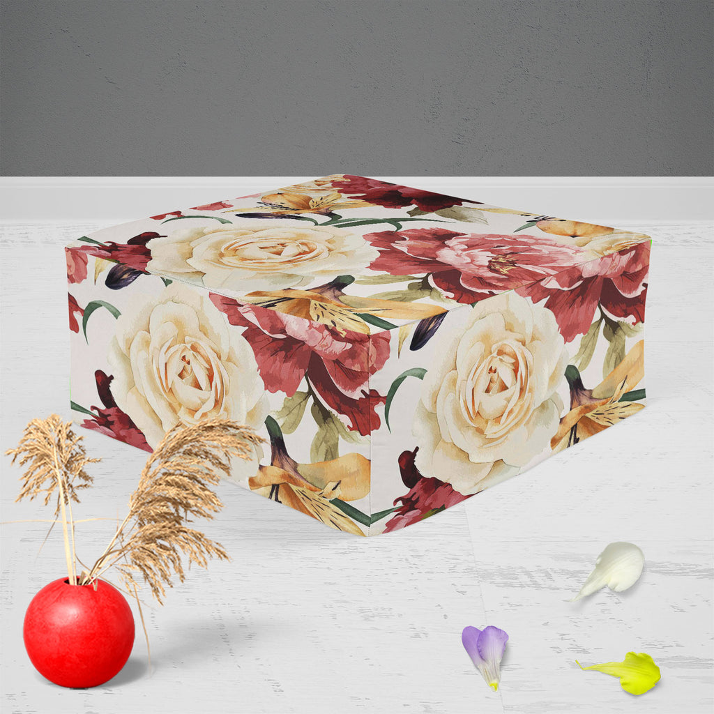 Roses D2 Footstool Footrest Puffy Pouffe Ottoman Bean Bag | Canvas Fabric-Footstools-FST_CB_BN-IC 5007667 IC 5007667, Abstract Expressionism, Abstracts, Ancient, Art and Paintings, Black and White, Botanical, Fashion, Floral, Flowers, Historical, Illustrations, Medieval, Nature, Paintings, Patterns, Scenic, Semi Abstract, Signs, Signs and Symbols, Vintage, Watercolour, White, roses, d2, footstool, footrest, puffy, pouffe, ottoman, bean, bag, canvas, fabric, pattern, flower, watercolor, rose, peony, seamless