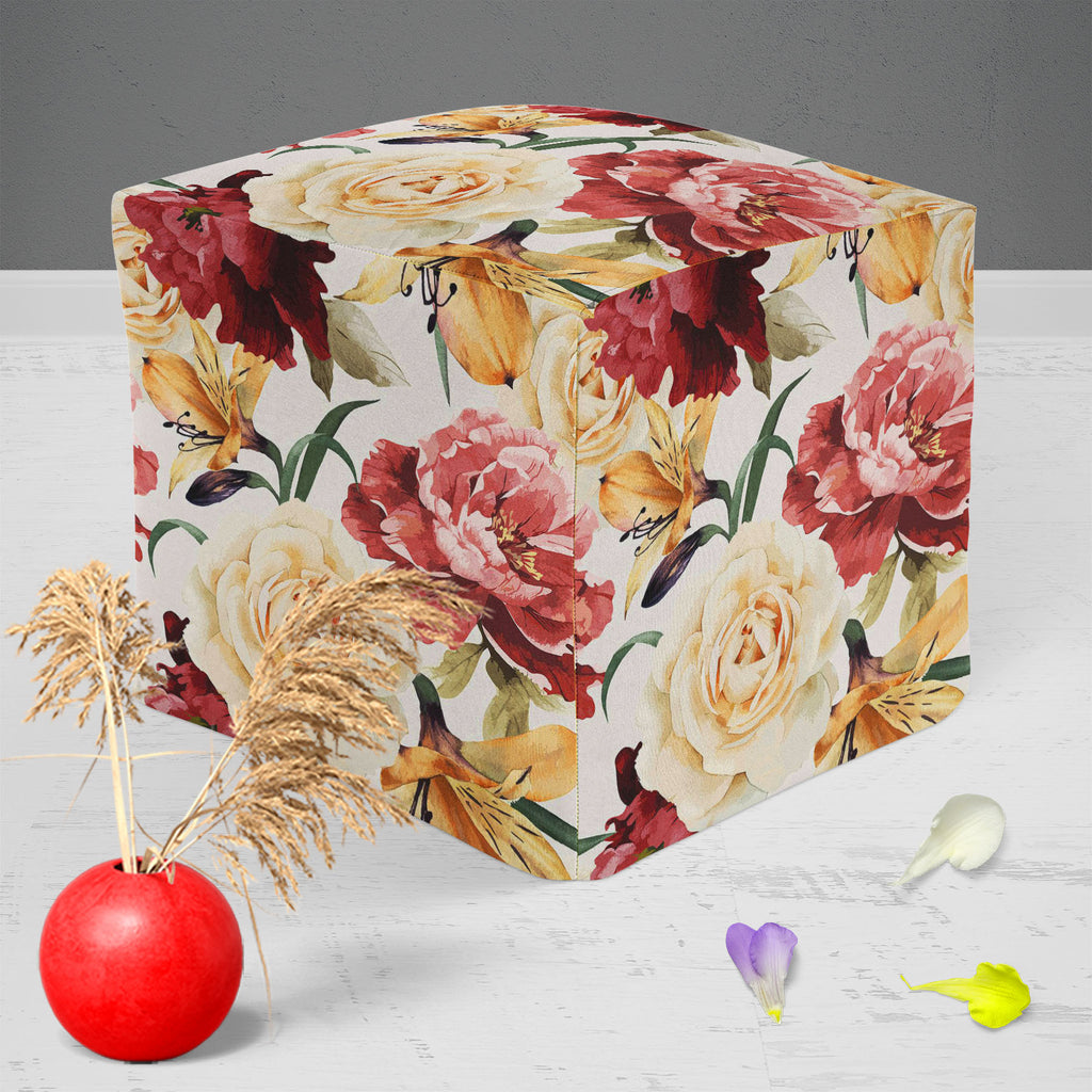Roses D2 Footstool Footrest Puffy Pouffe Ottoman Bean Bag | Canvas Fabric-Footstools-FST_CB_BN-IC 5007667 IC 5007667, Abstract Expressionism, Abstracts, Ancient, Art and Paintings, Black and White, Botanical, Fashion, Floral, Flowers, Historical, Illustrations, Medieval, Nature, Paintings, Patterns, Scenic, Semi Abstract, Signs, Signs and Symbols, Vintage, Watercolour, White, roses, d2, footstool, footrest, puffy, pouffe, ottoman, bean, bag, canvas, fabric, pattern, flower, watercolor, rose, peony, seamless