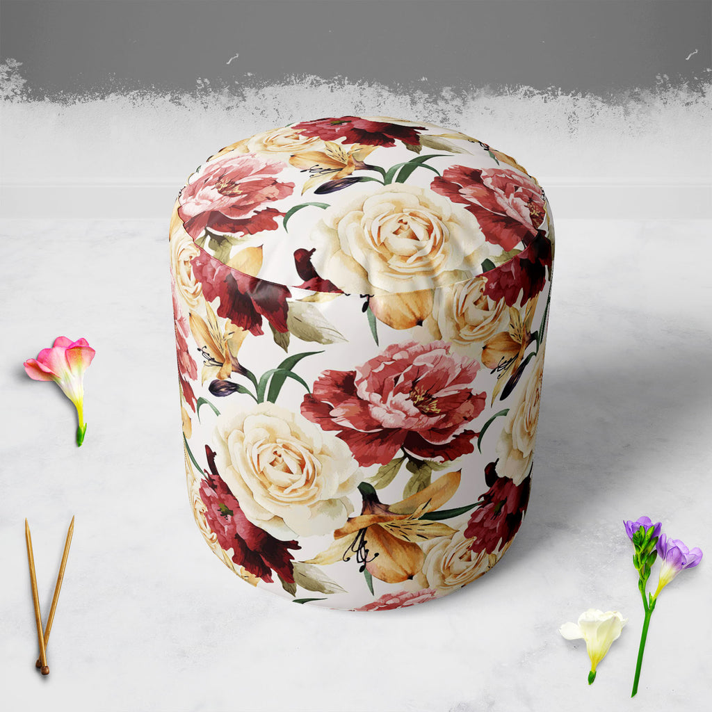 Roses D2 Footstool Footrest Puffy Pouffe Ottoman Bean Bag | Canvas Fabric-Footstools-FST_CB_BN-IC 5007667 IC 5007667, Abstract Expressionism, Abstracts, Ancient, Art and Paintings, Black and White, Botanical, Fashion, Floral, Flowers, Historical, Illustrations, Medieval, Nature, Paintings, Patterns, Scenic, Semi Abstract, Signs, Signs and Symbols, Vintage, Watercolour, White, roses, d2, footstool, footrest, puffy, pouffe, ottoman, bean, bag, canvas, fabric, pattern, flower, watercolor, rose, peony, seamless