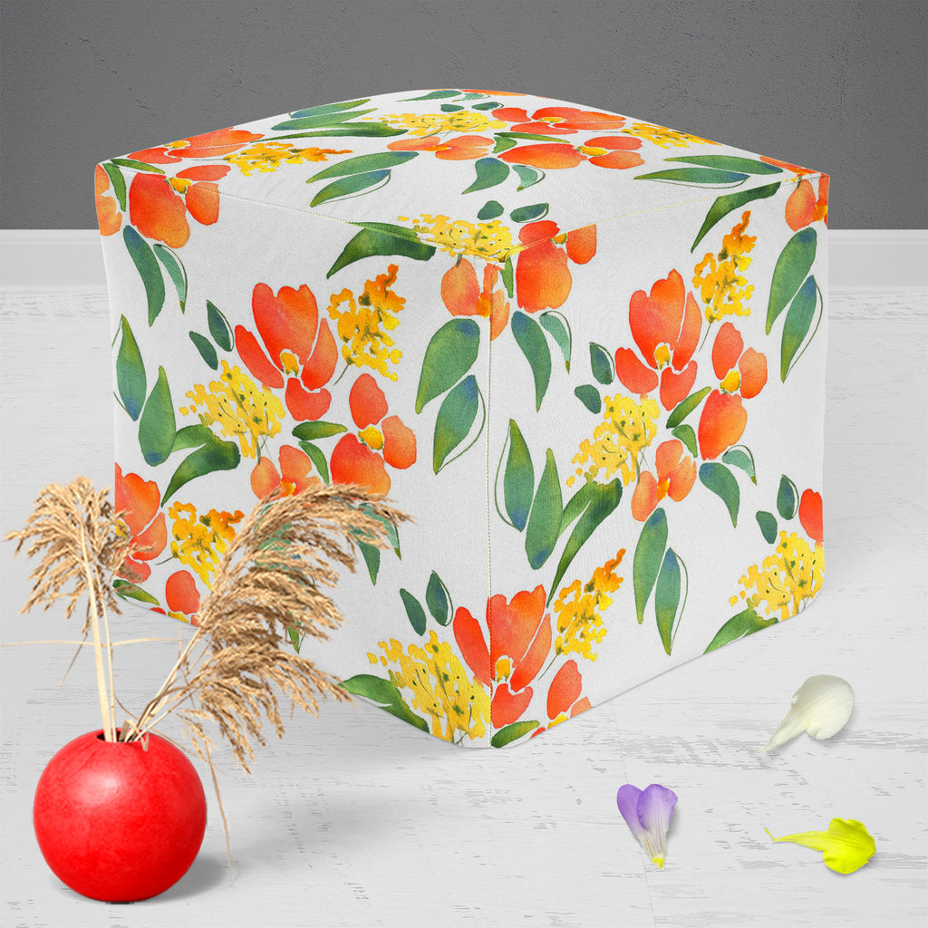 Watercolor Leaves & Flowers Footstool Footrest Puffy Pouffe Ottoman Bean Bag | Canvas Fabric-Footstools-FST_CB_BN-IC 5007685 IC 5007685, Abstract Expressionism, Abstracts, Botanical, Drawing, Fashion, Floral, Flowers, Illustrations, Nature, Patterns, Scenic, Semi Abstract, Signs, Signs and Symbols, Watercolour, watercolor, leaves, footstool, footrest, puffy, pouffe, ottoman, bean, bag, canvas, fabric, abstract, background, beautiful, blossom, branch, card, colore, composition, creative, decor, decoration, d