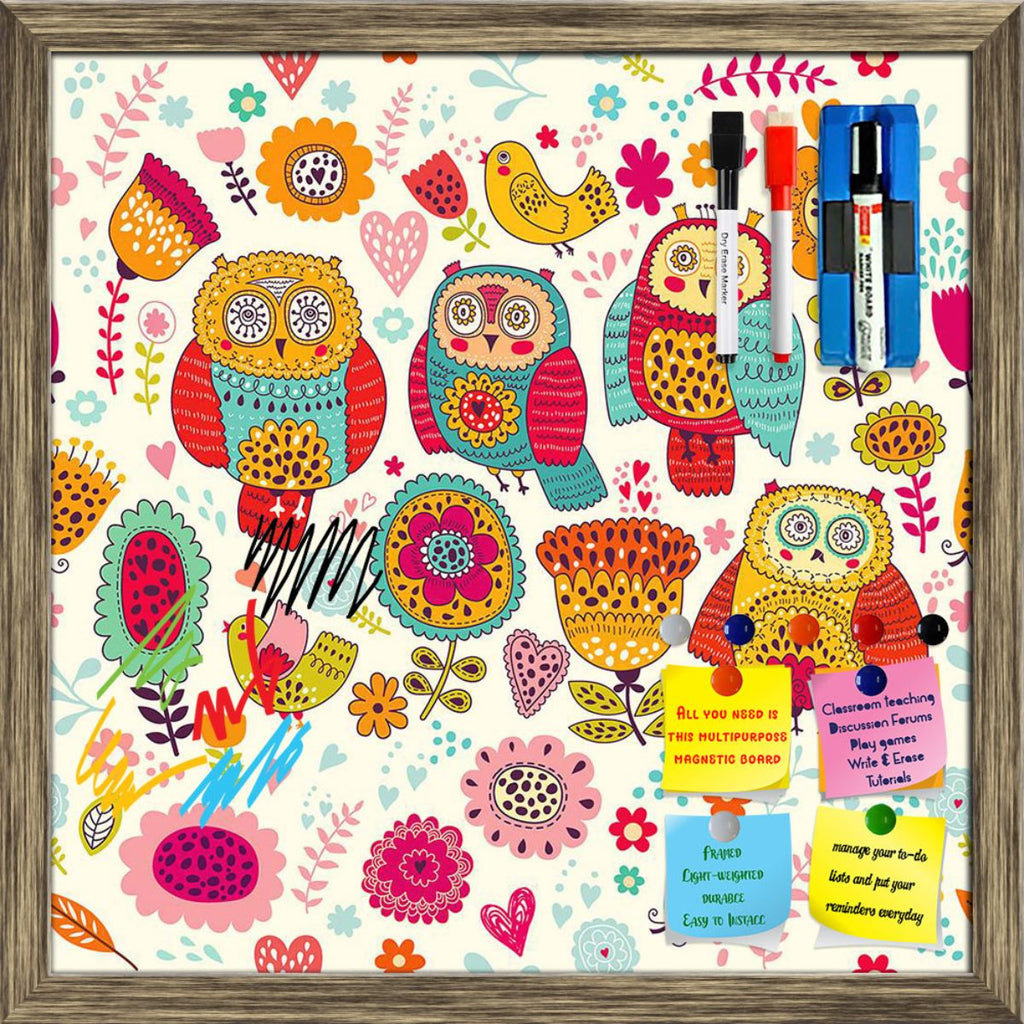 Cheerful Owls And Flowers D1 Framed Magnetic Dry Erase Board | Combo with Magnet Buttons & Markers-Magnetic Boards Framed-MGB_FR-IC 5007853 IC 5007853, Animals, Animated Cartoons, Baby, Birds, Birthday, Botanical, Caricature, Cartoons, Children, Decorative, Floral, Flowers, Holidays, Illustrations, Kids, Nature, Patterns, Seasons, Signs, Signs and Symbols, cheerful, owls, and, d1, framed, magnetic, dry, erase, board, printed, whiteboard, with, 4, magnets, 2, markers, 1, duster, vector, illustration, animal,