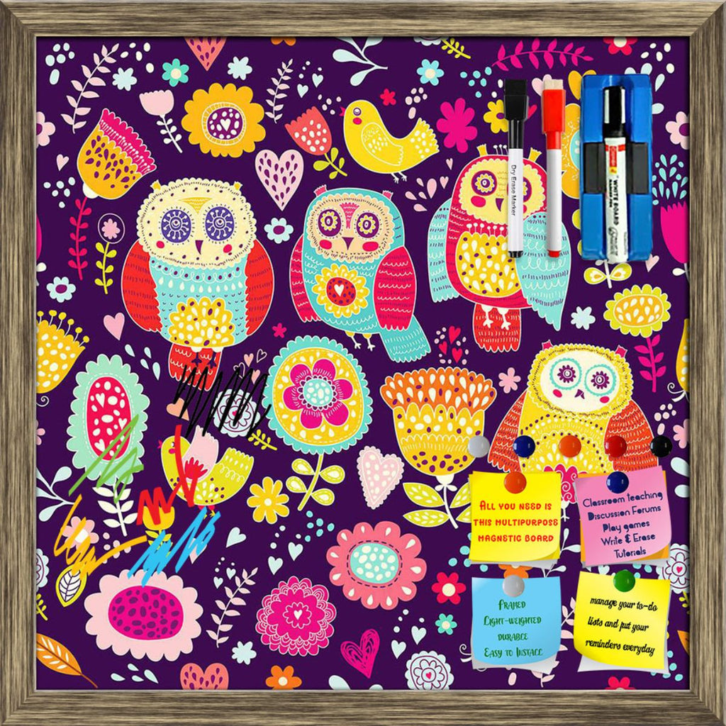 Cheerful Owls And Flowers D2 Framed Magnetic Dry Erase Board | Combo with Magnet Buttons & Markers-Magnetic Boards Framed-MGB_FR-IC 5007854 IC 5007854, Animals, Animated Cartoons, Baby, Birds, Birthday, Botanical, Caricature, Cartoons, Children, Decorative, Floral, Flowers, Holidays, Illustrations, Kids, Nature, Patterns, Seasons, Signs, Signs and Symbols, cheerful, owls, and, d2, framed, magnetic, dry, erase, board, printed, whiteboard, with, 4, magnets, 2, markers, 1, duster, spring, animal, background, b