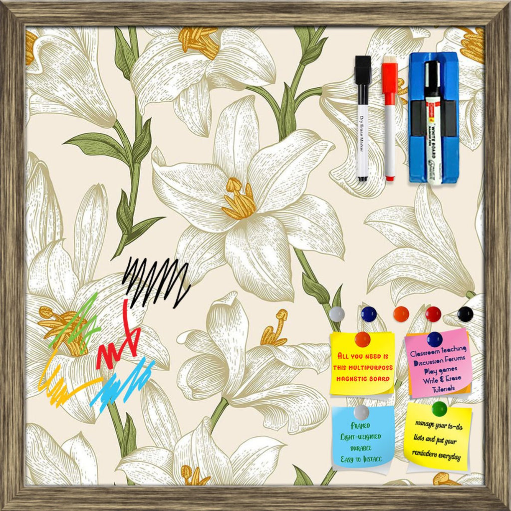 Floral White Lily Flowers D1 Framed Magnetic Dry Erase Board | Combo with Magnet Buttons & Markers-Magnetic Boards Framed-MGB_FR-IC 5007922 IC 5007922, Ancient, Art and Paintings, Black and White, Botanical, Drawing, Floral, Flowers, Historical, Illustrations, Medieval, Nature, Patterns, Retro, Signs, Signs and Symbols, Victorian, Vintage, White, lily, d1, framed, magnetic, dry, erase, board, printed, whiteboard, with, 4, magnets, 2, markers, 1, duster, art, background, beautiful, beige, blossom, bouquet, c