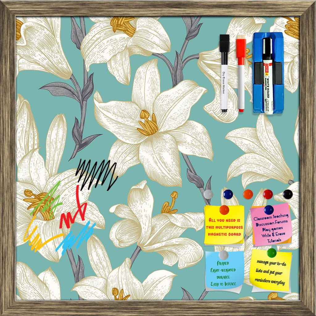Floral White Lily Flowers D3 Framed Magnetic Dry Erase Board | Combo with Magnet Buttons & Markers-Magnetic Boards Framed-MGB_FR-IC 5007924 IC 5007924, Ancient, Art and Paintings, Black and White, Botanical, Drawing, Floral, Flowers, Historical, Illustrations, Medieval, Nature, Patterns, Retro, Signs, Signs and Symbols, Victorian, Vintage, White, lily, d3, framed, magnetic, dry, erase, board, printed, whiteboard, with, 4, magnets, 2, markers, 1, duster, art, background, beautiful, blossom, bouquet, classic,