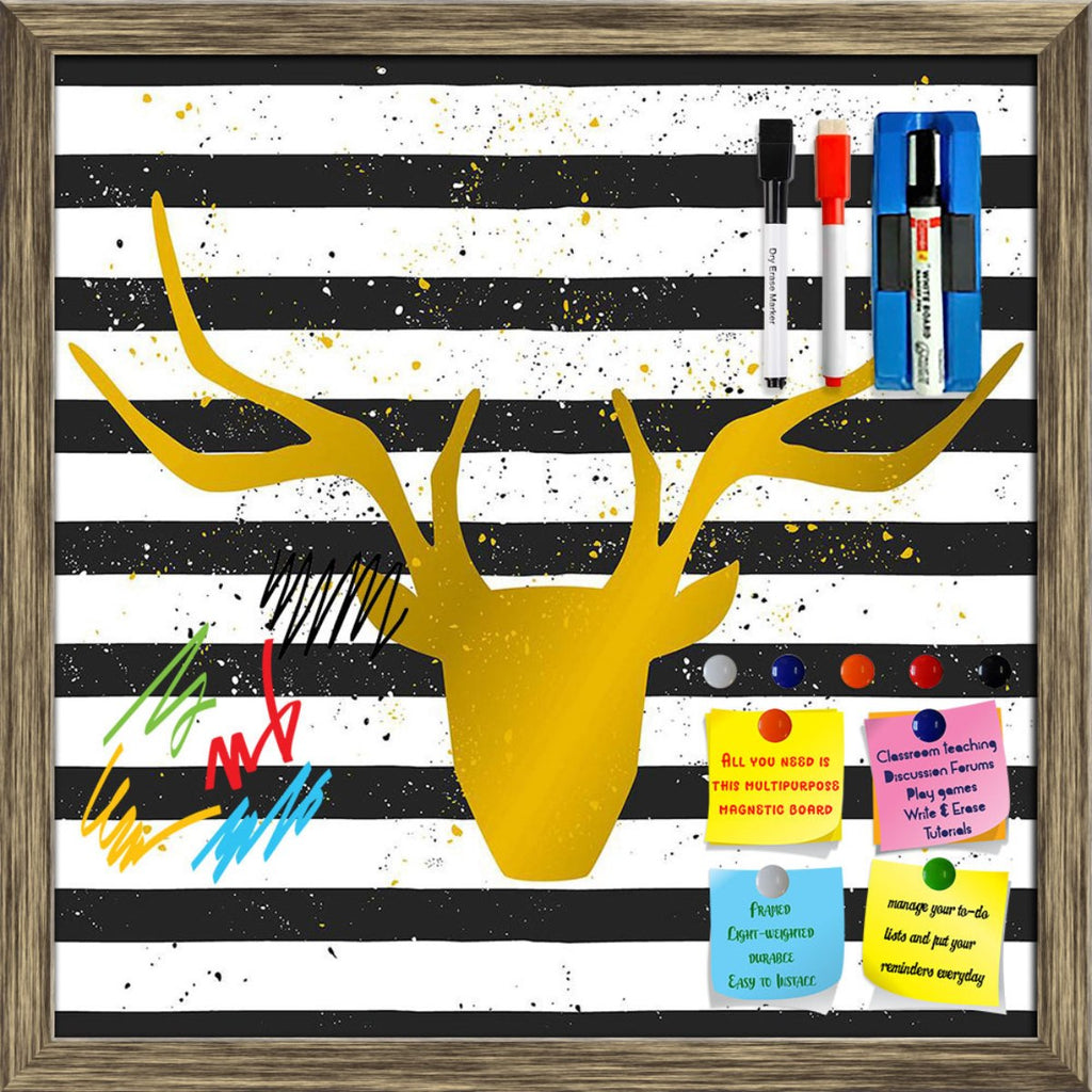 Golden Deer Head On Striped Pattern Framed Magnetic Dry Erase Board | Combo with Magnet Buttons & Markers-Magnetic Boards Framed-MGB_FR-IC 5007984 IC 5007984, Abstract Expressionism, Abstracts, Black, Black and White, Culture, Digital, Digital Art, Ethnic, Geometric, Geometric Abstraction, Graphic, Hipster, Illustrations, Patterns, Semi Abstract, Signs, Signs and Symbols, Stripes, Traditional, Tribal, Vintage, White, World Culture, Metallic, golden, deer, head, on, striped, pattern, framed, magnetic, dry, e