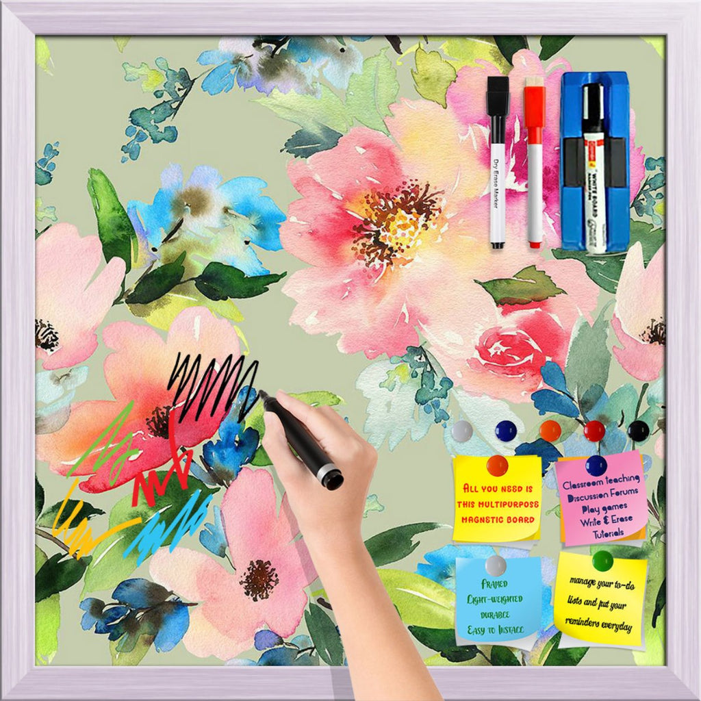 Watercolor Flowers Pattern D7 Framed Magnetic Dry Erase Board Combo with Magnet Buttons Markers