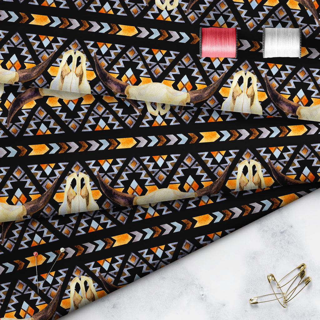 Buffalo Skull D2 Sofa Fabric by Metre | Upholstery For Sofa, Curtains & Cushions-Sofa Fabrics-SOF_FB-IC 5008391 IC 5008391, Abstract Expressionism, Abstracts, American, Ancient, Art and Paintings, Aztec, Black, Black and White, Culture, Decorative, Diamond, Digital, Digital Art, Ethnic, Fashion, Folk Art, Geometric, Geometric Abstraction, Graphic, Historical, Illustrations, Indian, Medieval, Mexican, Patterns, Semi Abstract, Signs, Signs and Symbols, Stripes, Traditional, Triangles, Tribal, Vintage, Waterco