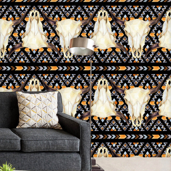 Buffalo Skull D2 Wallpaper Roll-Wallpapers Peel & Stick-WAL_PA-IC 5008391 IC 5008391, Abstract Expressionism, Abstracts, American, Ancient, Art and Paintings, Aztec, Black, Black and White, Culture, Decorative, Diamond, Digital, Digital Art, Ethnic, Fashion, Folk Art, Geometric, Geometric Abstraction, Graphic, Historical, Illustrations, Indian, Medieval, Mexican, Patterns, Semi Abstract, Signs, Signs and Symbols, Stripes, Traditional, Triangles, Tribal, Vintage, Watercolour, World Culture, buffalo, skull, d